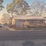 Adelaide banliyösünde boş bir sokak ve uzakta temsili polis aracı; olay anı gösterilmiyor.