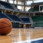 Anadolu Efes haberi için yapay zekâyla oluşturulmuş temsili basketbol topu ve salon; gerçek maç.