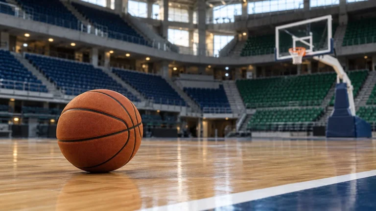 Anadolu Efes haberi için yapay zekâyla oluşturulmuş temsili basketbol topu ve salon; gerçek maç.