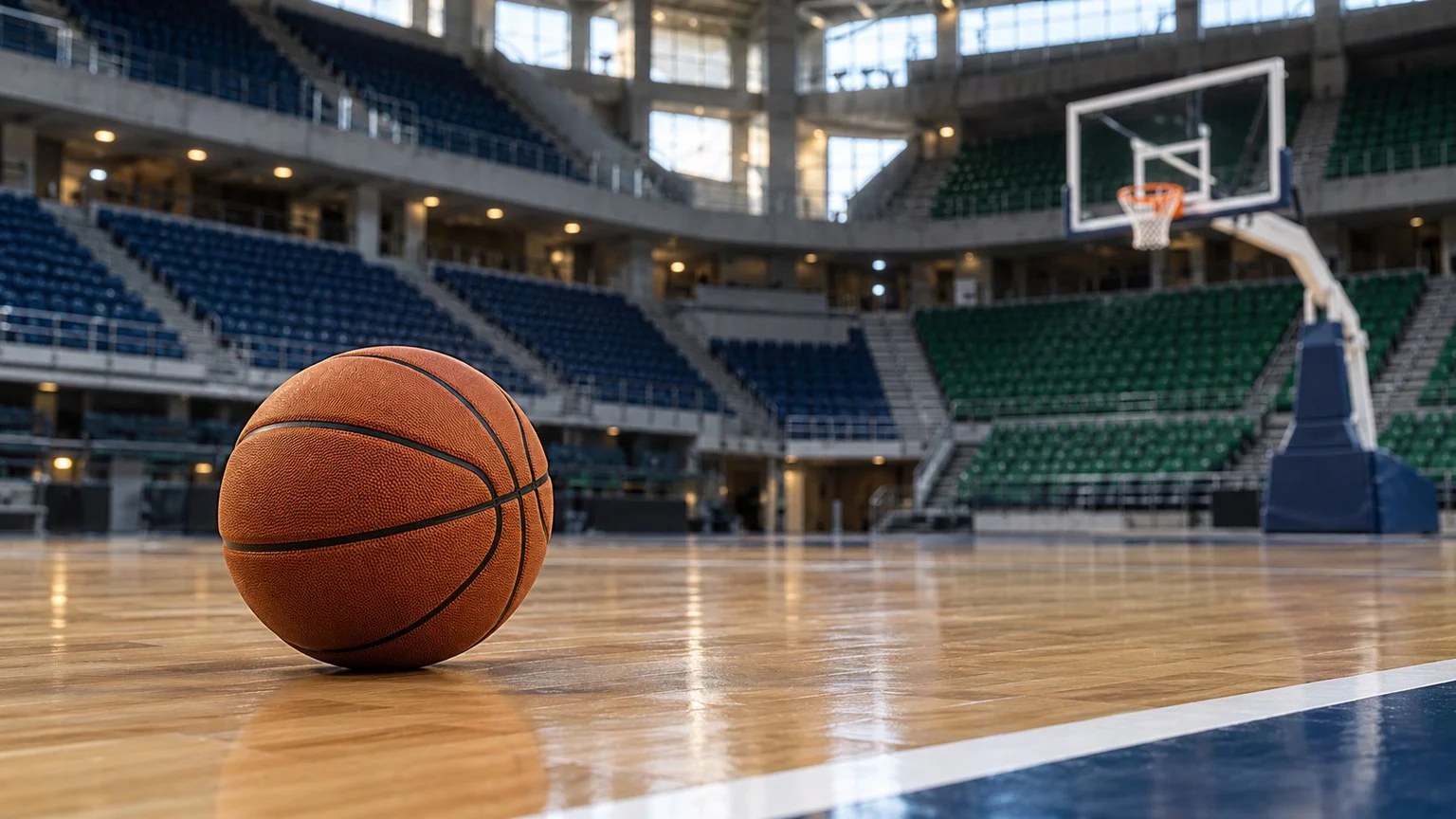 Anadolu Efes haberi için yapay zekâyla oluşturulmuş temsili basketbol topu ve salon; gerçek maç.
