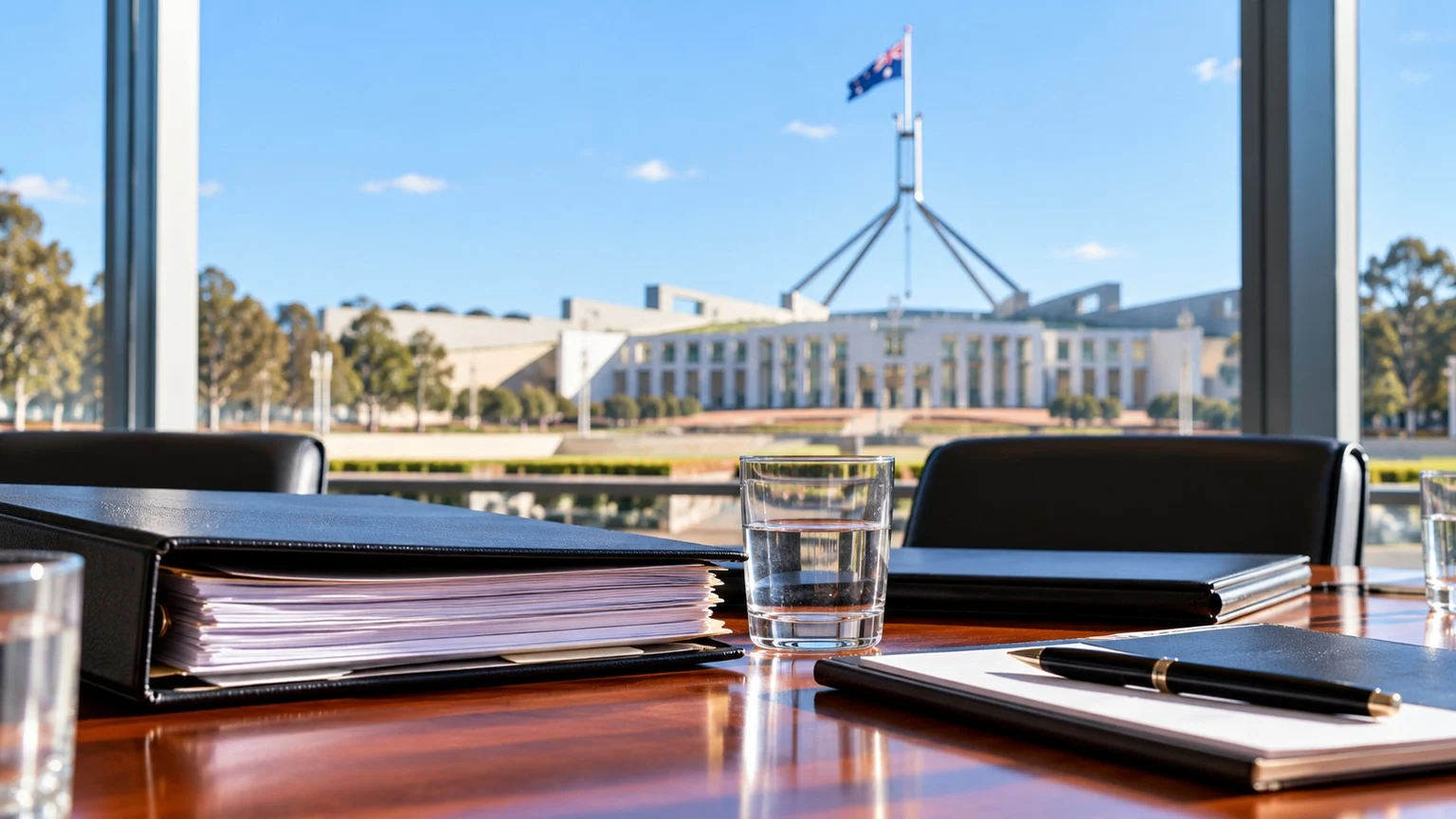 Temsili : Canberra'da parlamento binası önünde toplantı masası ve belgeler.
