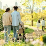 Temsili görüntü: Avustralya'da parkta bebek arabasıyla yürüyen aile.