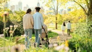 Temsili görüntü: Avustralya'da parkta bebek arabasıyla yürüyen aile.