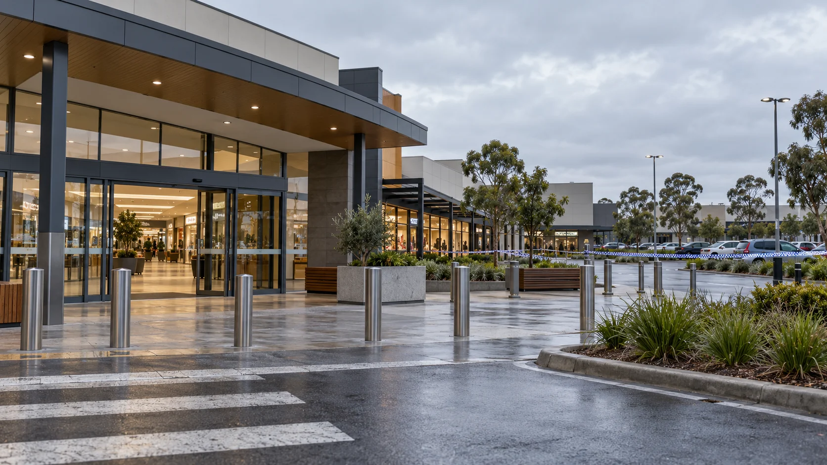 Temsili : Blacktown'da bir alışveriş merkezinin dış cephesi ve uzakta polis şeridi.