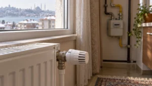 AI ile üretilmiş temsili : anonim bir evde radyatör vanası ve doğal gaz sayacı.