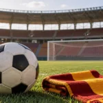 Galatasaray–Konyaspor haberi için yapay zekâyla oluşturulmuş temsili futbol topu ve takım renklerinde düz atkılar;.