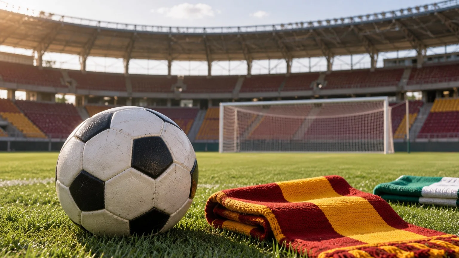 Galatasaray–Konyaspor haberi için yapay zekâyla oluşturulmuş temsili futbol topu ve takım renklerinde düz atkılar;.