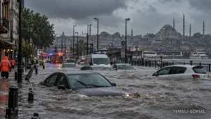İstanbul'da sel altında kalmış araçlar ve şiddetli sağanağı canlandıran temsili.