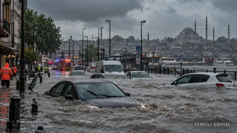 İstanbul'da sel altında kalmış araçlar ve şiddetli sağanağı canlandıran temsili.