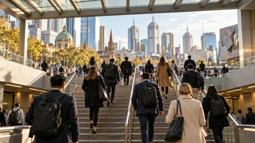 Yapay zekâ ile oluşturulmuş temsili haber : Melbourne metro istasyonunda yeni bir giriş. Belirli.
