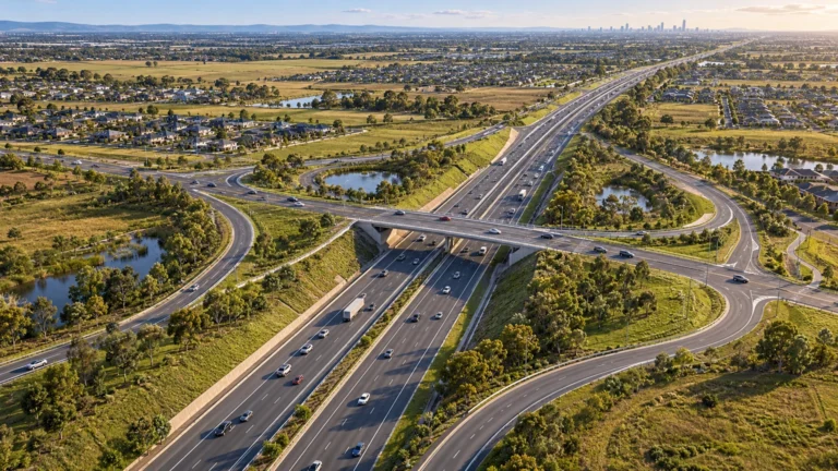 TEMSİLİ : Melbourne’ün kuzeyindeki planlanan kavşak haberini anlatan yapay zekâ illüstrasyonu. Gerçek projenin mühendislik.