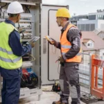 Temsili görüntü: Melbourne'de bir veri merkezi yakınında elektrik altyapısını inceleyen teknisyenler.