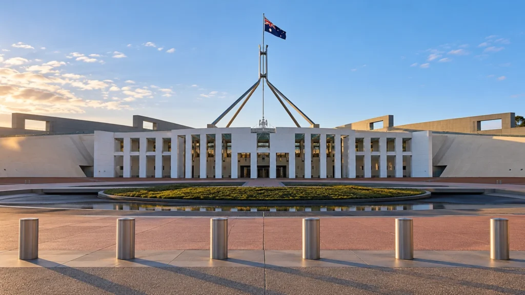 TEMSİLİ : Canberra’daki Parlamento Binası ve dış güvenlik bariyerleri.