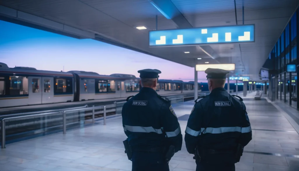 NSW'deki bir tren istasyonunda temsili polis devriyesi ve peron.