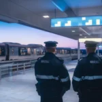 NSW'deki bir tren istasyonunda temsili polis devriyesi ve peron.