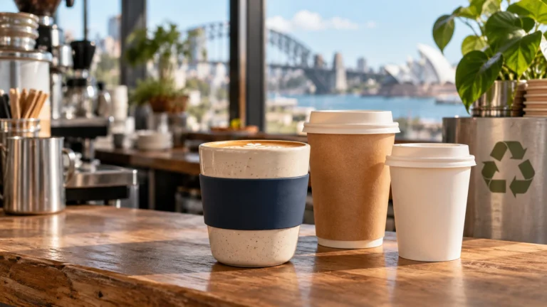 Temsili : Sydney'deki bir kafede yeniden kullanılabilir fincanlar ve paket servis bardakları.