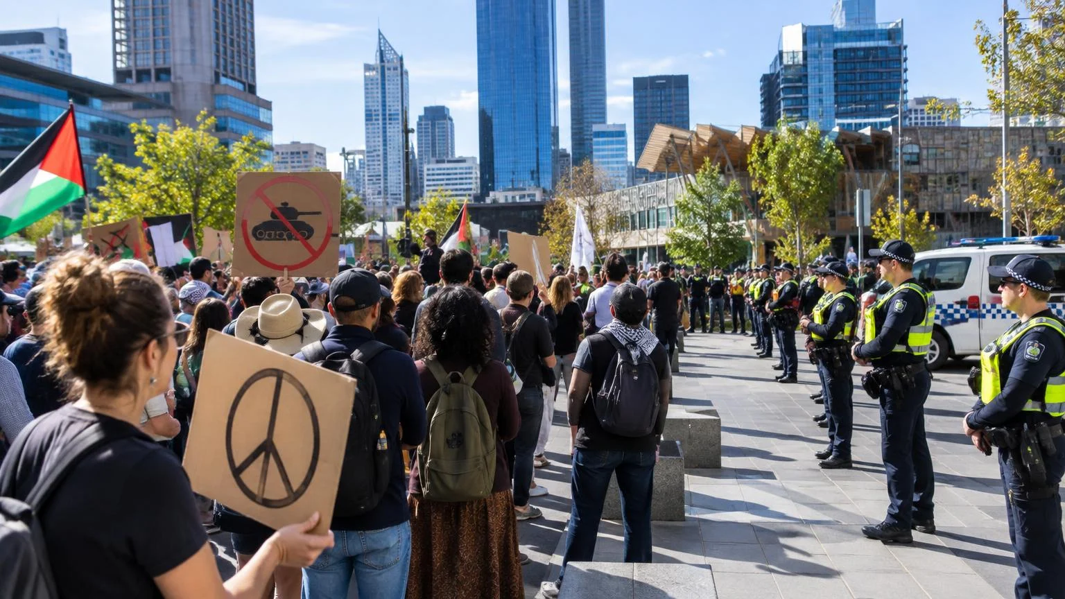 Perth'teki savunma fuarında yüzlerce kişi protesto düzenledi.