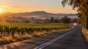 Hunter Valley'de gün doğumunda üzüm bağlarının arasındaki boş kırsal yol; temsili.