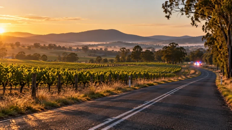 Hunter Valley'de gün doğumunda üzüm bağlarının arasındaki boş kırsal yol; temsili.