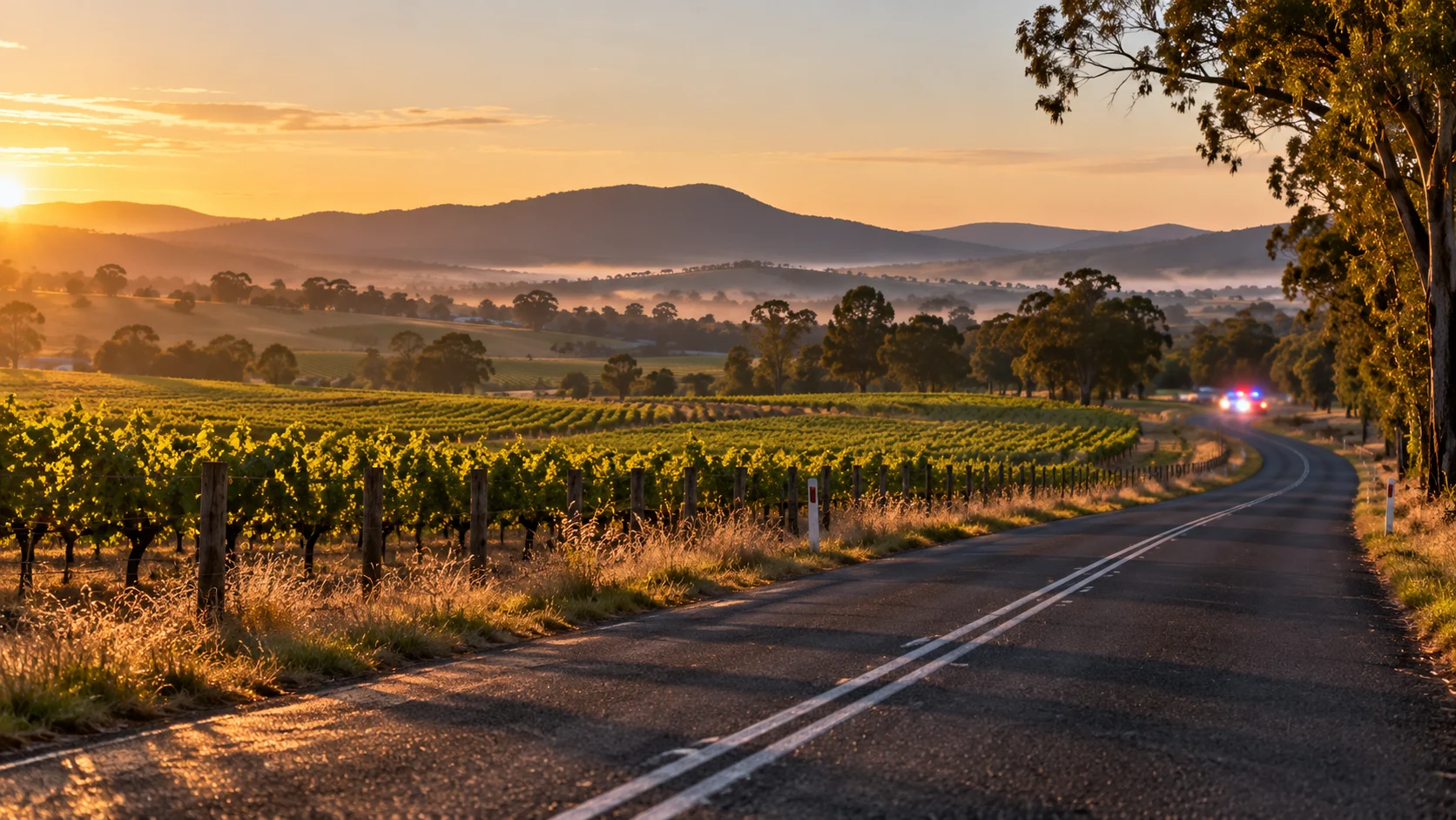 Hunter Valley'de gün doğumunda üzüm bağlarının arasındaki boş kırsal yol; temsili.