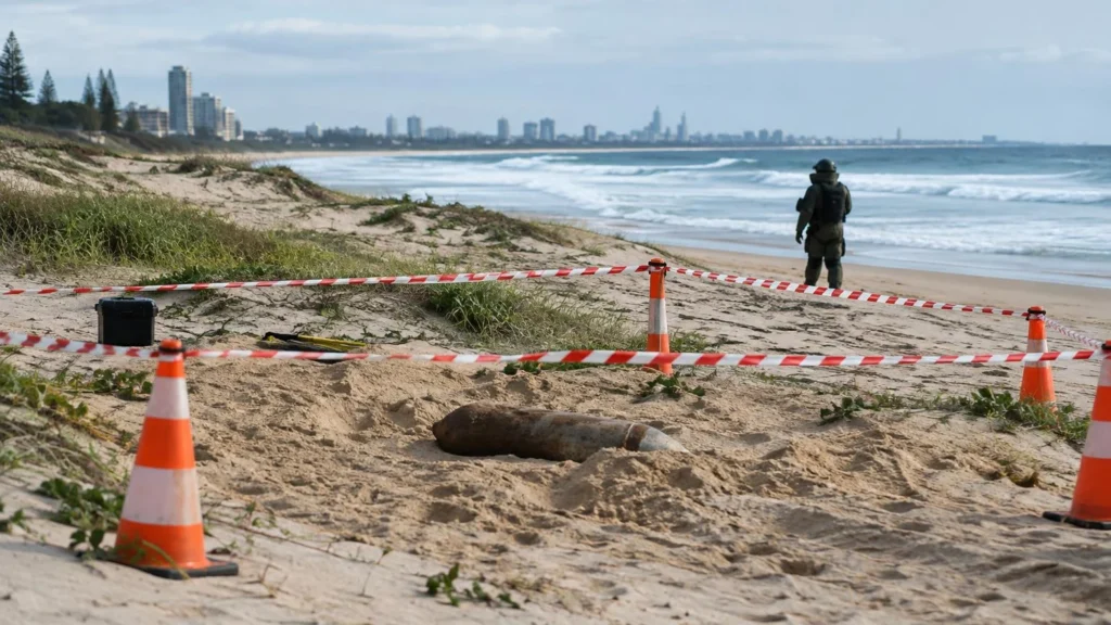 Queensland sahilinde savaş döneminden top mermisi bulundu.