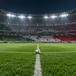 Gece ışıkları altındaki stadyumda futbol topu; temsili.