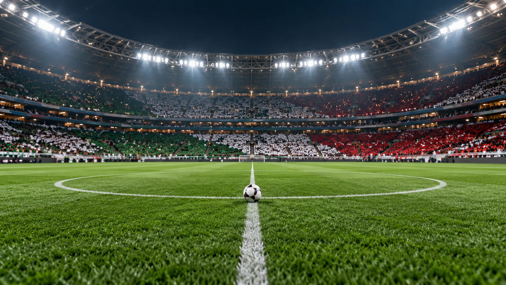 Gece ışıkları altındaki stadyumda futbol topu; temsili.