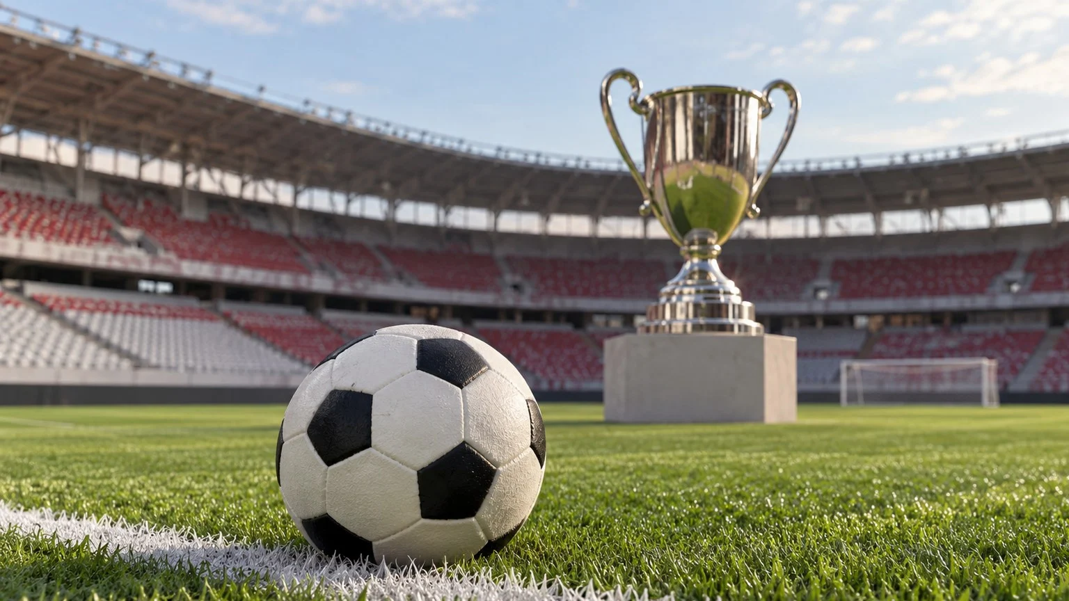 Türkiye Kupası haberi için yapay zekâyla oluşturulmuş temsili futbol topu ve genel kupa; gerçek.
